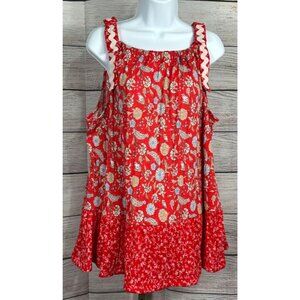 Cato 22/24W Women's Red Floral Tank Top Bow Detail On Shoulder Boho NWOT